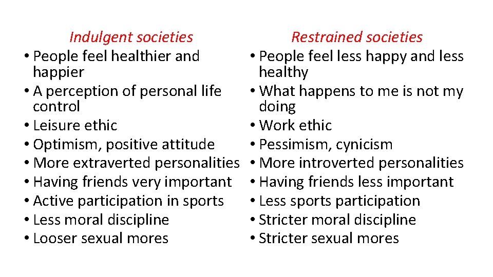 Indulgent societies • People feel healthier and happier • A perception of personal life
