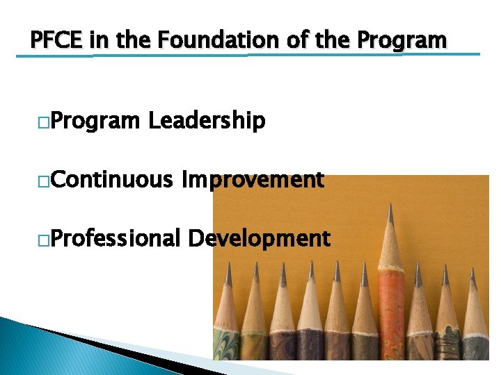 PFCE in the Foundation of the Program �Program Leadership �Continuous �Professional Improvement Development 