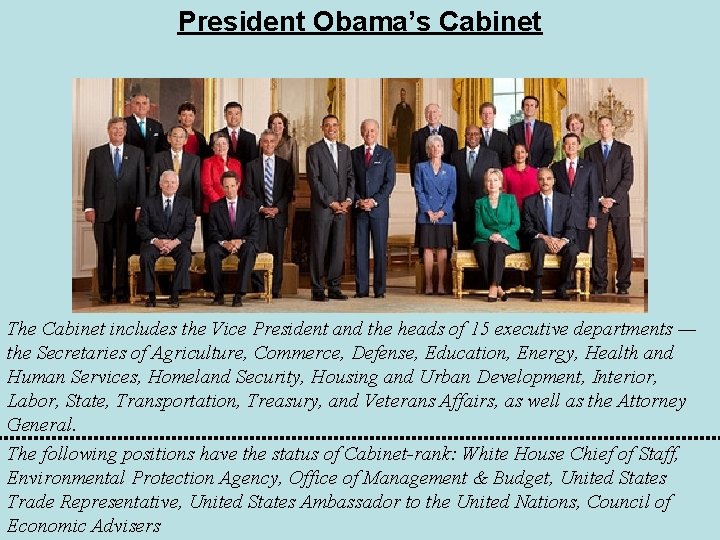 President Obama’s Cabinet The Cabinet includes the Vice President and the heads of 15 President Obama’s Cabinet The Cabinet includes the Vice President and the heads of 15