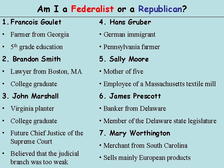 Am I a Federalist or a Republican? 1. Francois Goulet 4. Hans Gruber • Am I a Federalist or a Republican? 1. Francois Goulet 4. Hans Gruber •