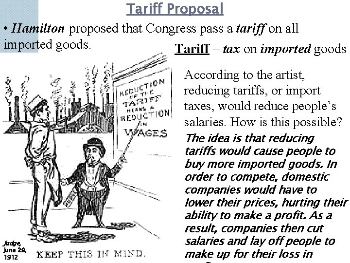 Tariff Proposal • Hamilton proposed that Congress pass a tariff on all imported goods. Tariff Proposal • Hamilton proposed that Congress pass a tariff on all imported goods.