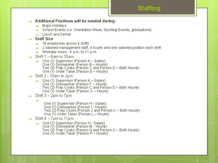 Staffing Additional Positions will be needed during: Staff Size One (1) Supervisor (Person A