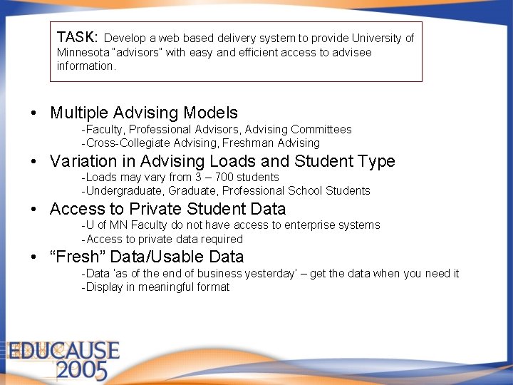 TASK: Develop a web based delivery system to provide University of Minnesota “advisors” with