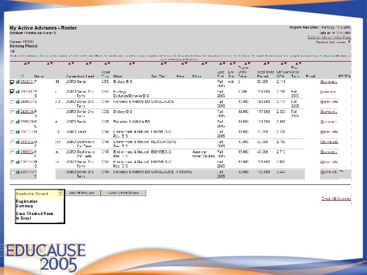 Academic Record Registration Summary Save Checked Rows to Excel 