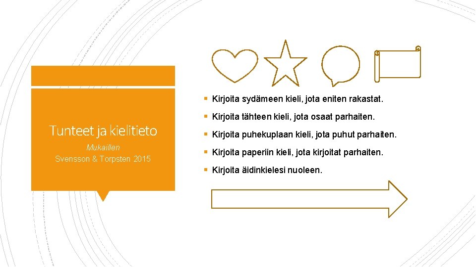 § Kirjoita sydämeen kieli, jota eniten rakastat. Tunteet ja kielitieto Mukaillen Svensson & Torpsten