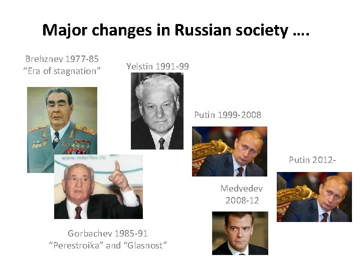 Major changes in Russian society …. Brehznev 1977 -85 “Era of stagnation” Yelstin 1991