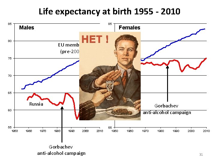 Life expectancy at birth 1955 - 2010 85 85 Males 80 Females 80 EU