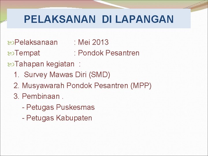 PELAKSANAN DI LAPANGAN Pelaksanaan : Mei 2013 Tempat : Pondok Pesantren Tahapan kegiatan :