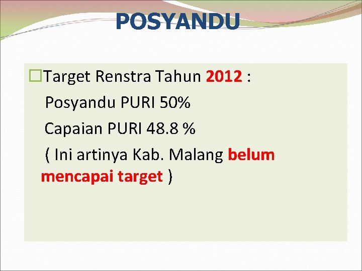 POSYANDU Target Renstra Tahun 2012 : Posyandu PURI 50% Capaian PURI 48. 8 %
