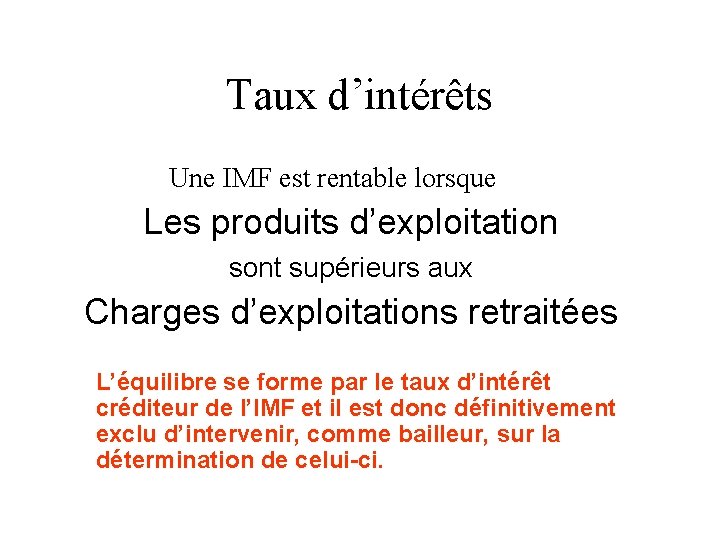 Taux d’intérêts Une IMF est rentable lorsque Les produits d’exploitation sont supérieurs aux Charges