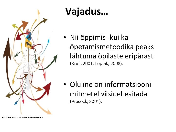 Vajadus… • Nii õppimis- kui ka õpetamismetoodika peaks lähtuma õpilaste eripärast (Krull, 2001; Leppik,