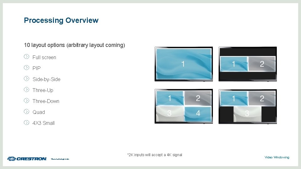 Processing Overview 10 layout options (arbitrary layout coming) Full screen PIP Side-by-Side Three-Up Three-Down