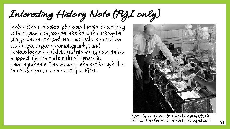 Interesting History Note (FYI only) Melvin Calvin studied photosynthesis by working with organic compounds