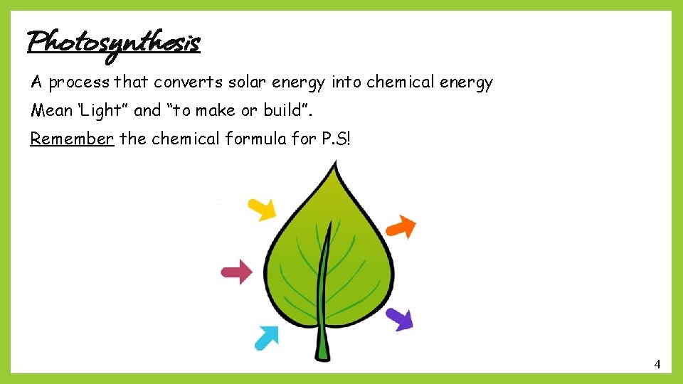 Photosynthesis A process that converts solar energy into chemical energy Mean ‘Light” and “to