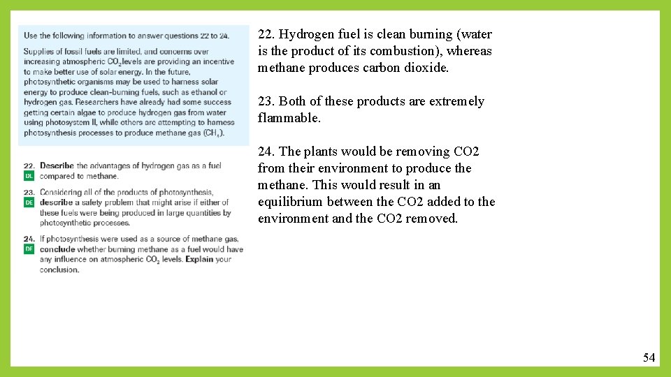 22. Hydrogen fuel is clean burning (water is the product of its combustion), whereas