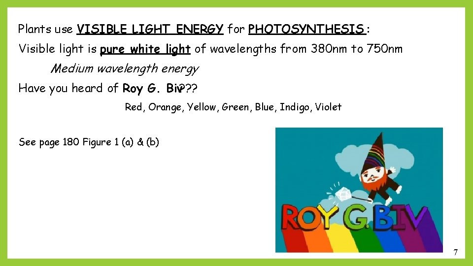 Plants use VISIBLE LIGHT ENERGY for PHOTOSYNTHESIS : Visible light is pure white light