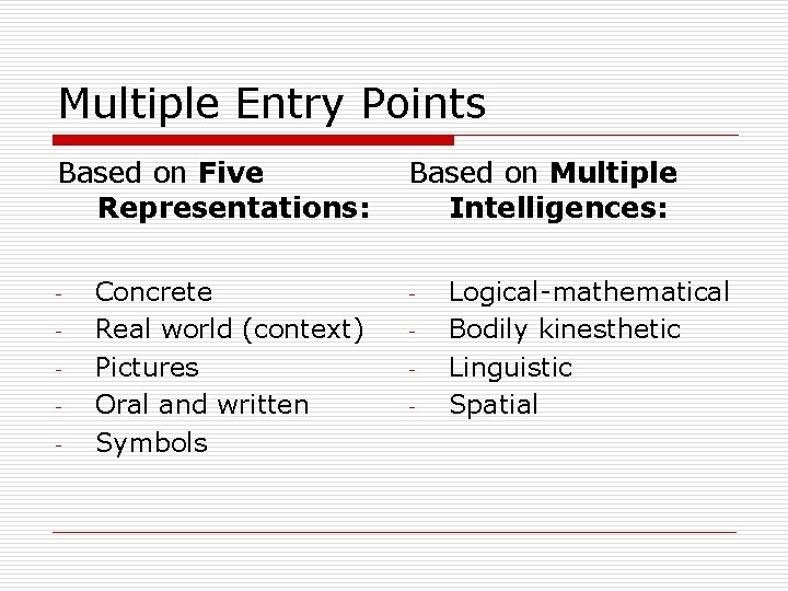 Multiple Entry Points Based on Five Representations: - Concrete Real world (context) Pictures Oral