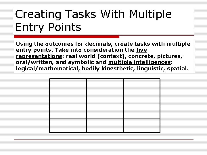Creating Tasks With Multiple Entry Points Using the outcomes for decimals, create tasks with