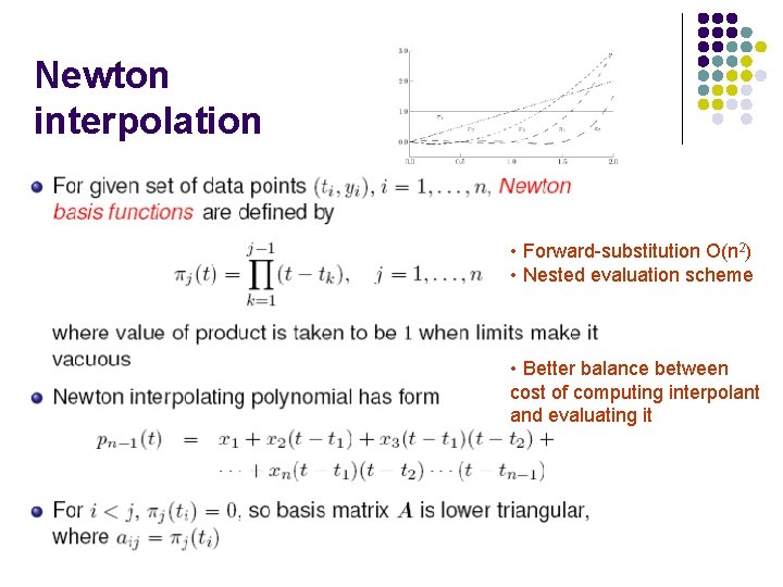 Newton interpolation • Forward-substitution O(n 2) • Nested evaluation scheme • Better balance between