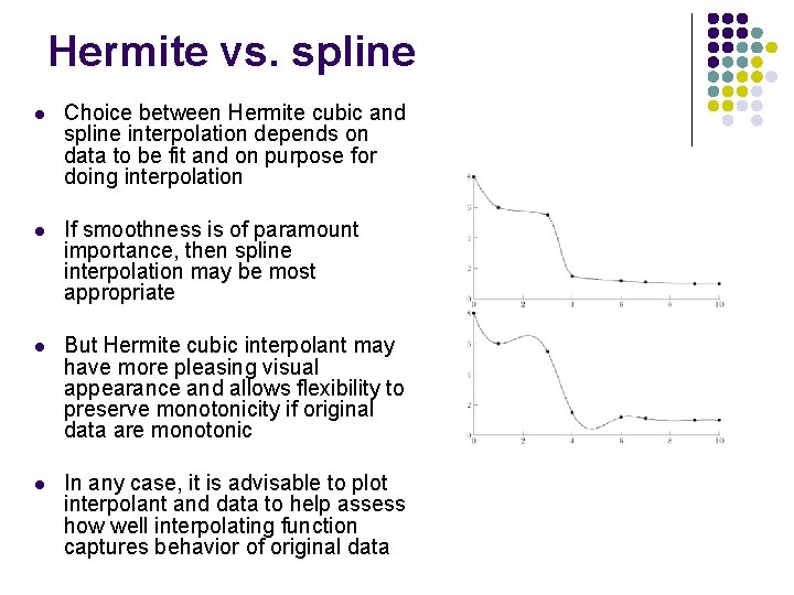 Hermite vs. spline l Choice between Hermite cubic and spline interpolation depends on data