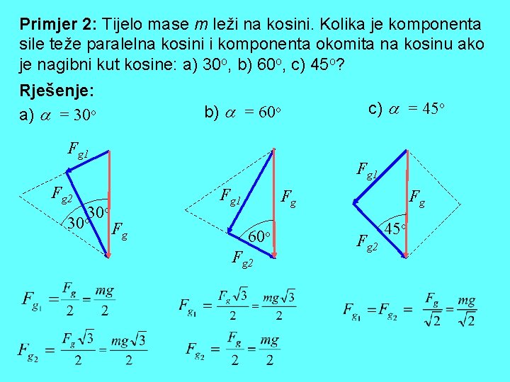 Primjer 2: Tijelo mase m leži na kosini. Kolika je komponenta sile teže paralelna