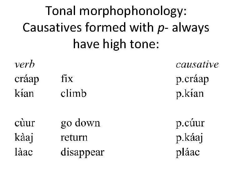 Tonal morphophonology: Causatives formed with p- always have high tone: 