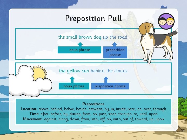 Preposition Pull the small brown dog up the road noun phrase preposition phrase the