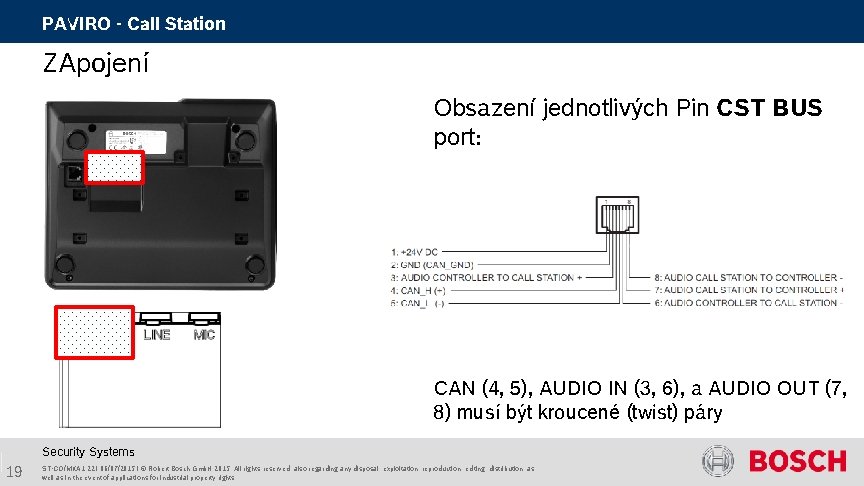 PAVIRO - Call Station ZApojení Obsazení jednotlivých Pin CST BUS port: CAN (4, 5), PAVIRO - Call Station ZApojení Obsazení jednotlivých Pin CST BUS port: CAN (4, 5),