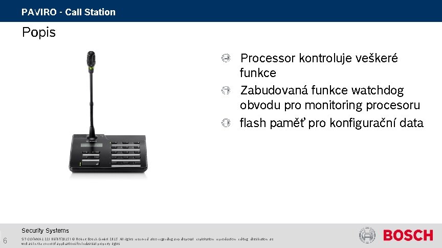 PAVIRO - Call Station Popis Processor kontroluje veškeré funkce Zabudovaná funkce watchdog obvodu pro PAVIRO - Call Station Popis Processor kontroluje veškeré funkce Zabudovaná funkce watchdog obvodu pro