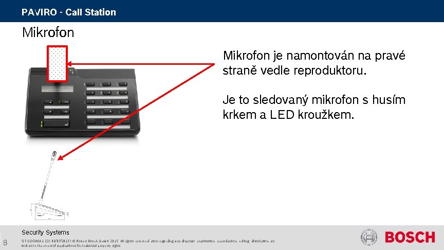 PAVIRO - Call Station Mikrofon je namontován na pravé straně vedle reproduktoru. Je to PAVIRO - Call Station Mikrofon je namontován na pravé straně vedle reproduktoru. Je to