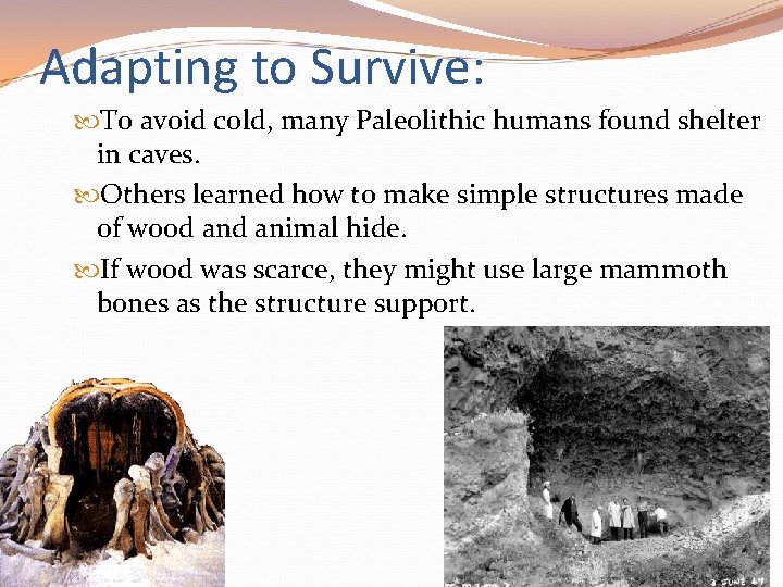 Adapting to Survive: To avoid cold, many Paleolithic humans found shelter in caves. Others Adapting to Survive: To avoid cold, many Paleolithic humans found shelter in caves. Others