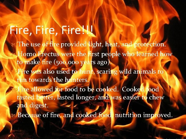 Fire, Fire!!! The use of fire provided light, heat, and protection. Homo Erectus were Fire, Fire!!! The use of fire provided light, heat, and protection. Homo Erectus were