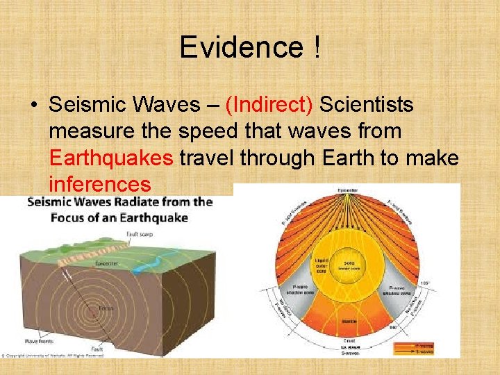 Evidence ! • Seismic Waves – (Indirect) Scientists measure the speed that waves from