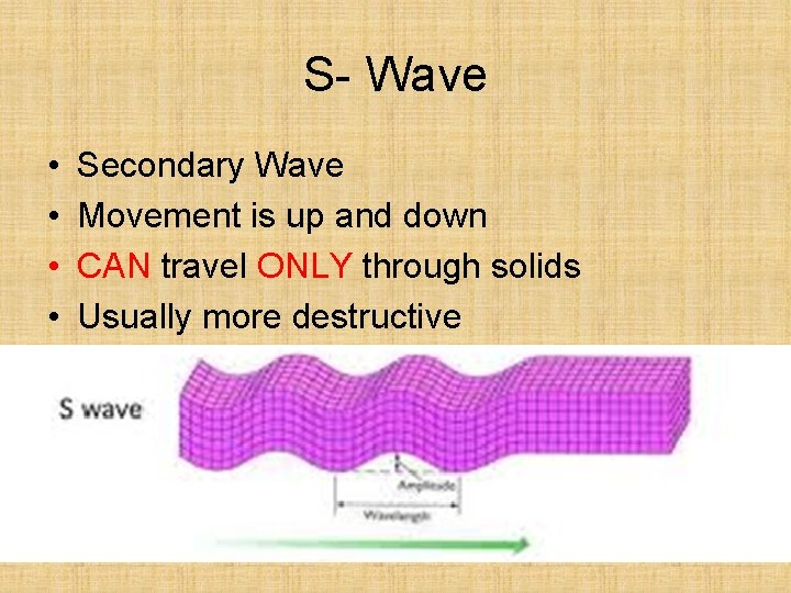 S- Wave • • Secondary Wave Movement is up and down CAN travel ONLY