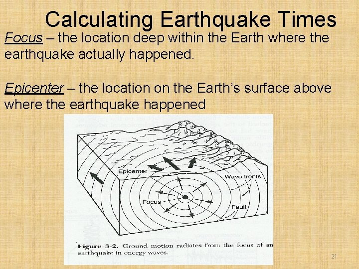 Calculating Earthquake Times Focus – the location deep within the Earth where the earthquake