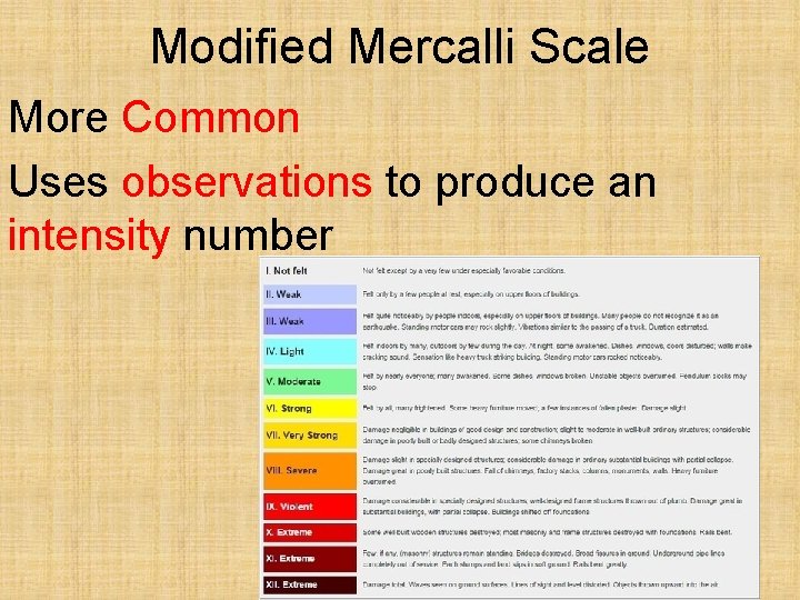 Modified Mercalli Scale More Common Uses observations to produce an intensity number 