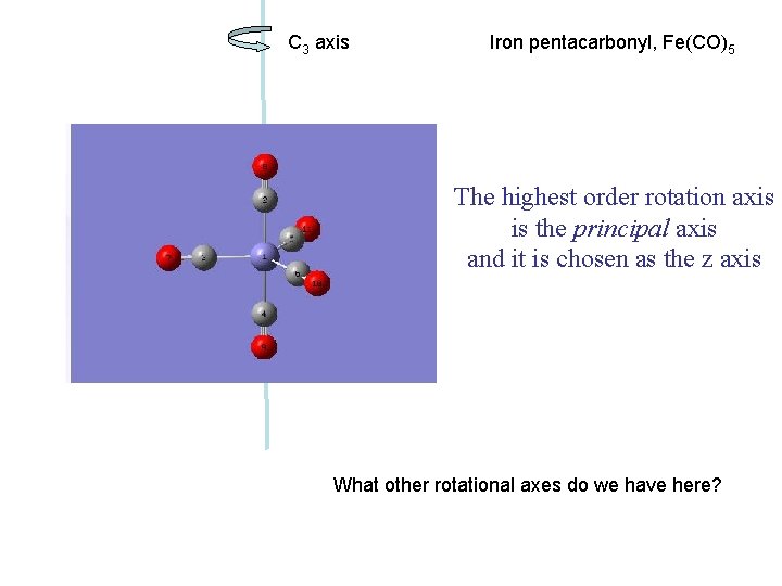 C 3 axis Iron pentacarbonyl, Fe(CO)5 The highest order rotation axis is the principal