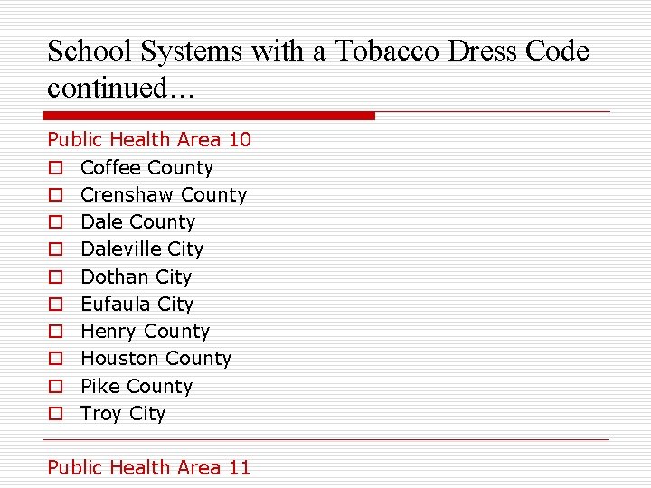 School Systems with a Tobacco Dress Code continued… Public Health Area 10 o Coffee