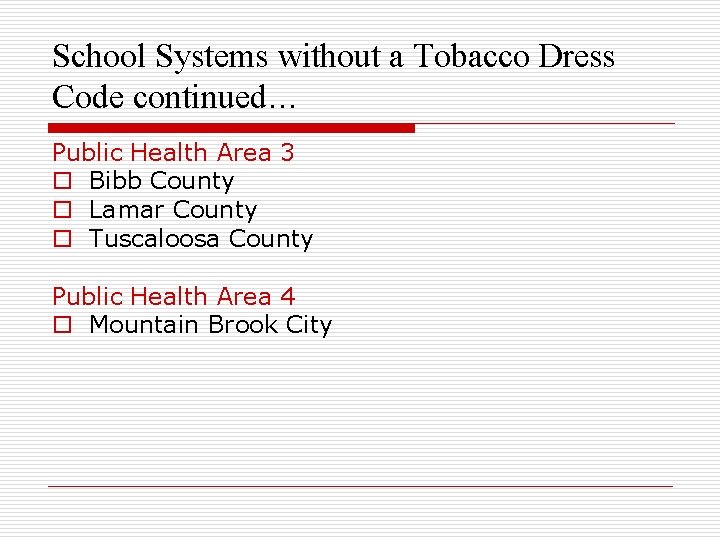 School Systems without a Tobacco Dress Code continued… Public Health Area 3 o Bibb