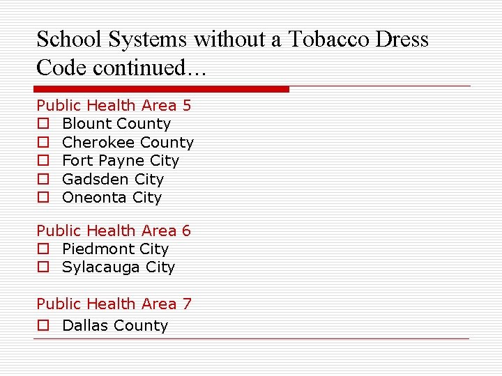 School Systems without a Tobacco Dress Code continued… Public Health Area 5 o Blount