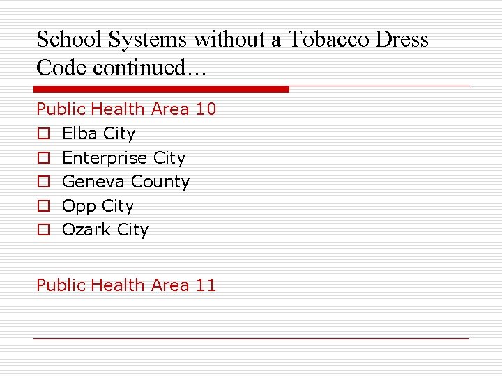 School Systems without a Tobacco Dress Code continued… Public Health Area 10 o Elba