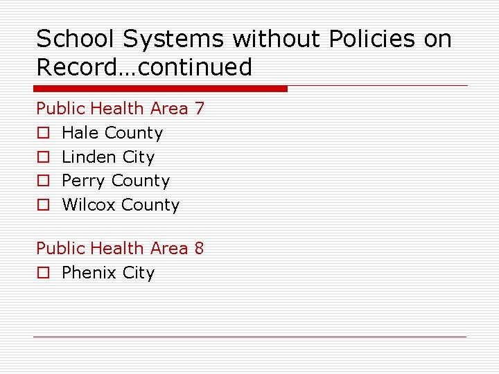 School Systems without Policies on Record…continued Public Health Area 7 o Hale County o