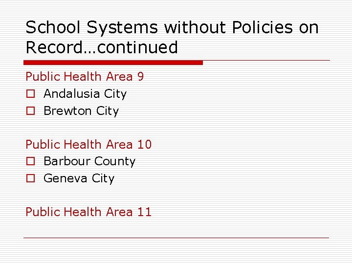 School Systems without Policies on Record…continued Public Health Area 9 o Andalusia City o