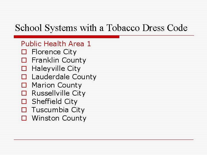 School Systems with a Tobacco Dress Code Public Health Area 1 o Florence City