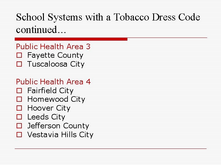 School Systems with a Tobacco Dress Code continued… Public Health Area 3 o Fayette