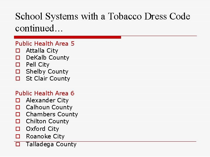 School Systems with a Tobacco Dress Code continued… Public Health Area 5 o Attalla