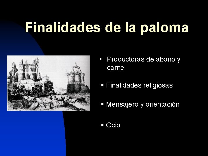 Finalidades de la paloma § Productoras de abono y carne § Finalidades religiosas §