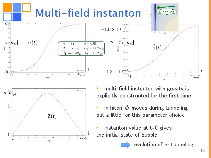Multi-field instanton tunneling • multi-field instanton with gravity is explicitly constructed for the first
