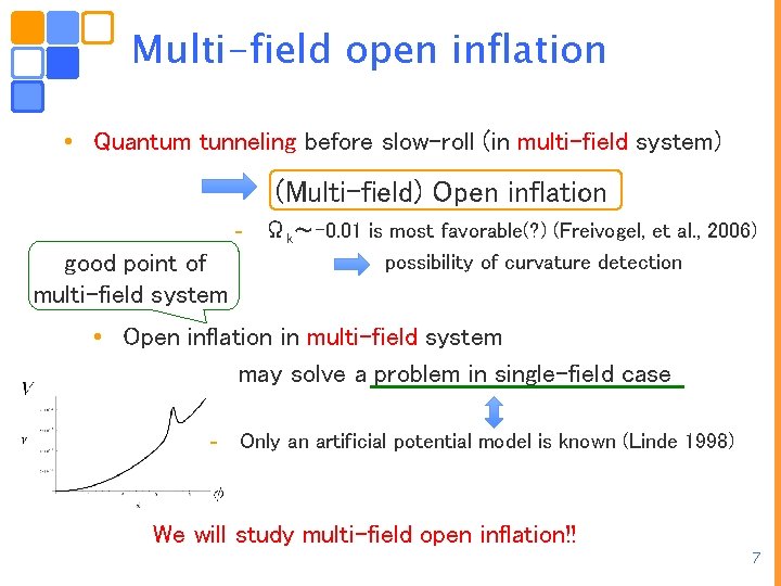 Multi-field open inflation • Quantum tunneling before slow-roll (in multi-field system) (Multi-field) Open inflation