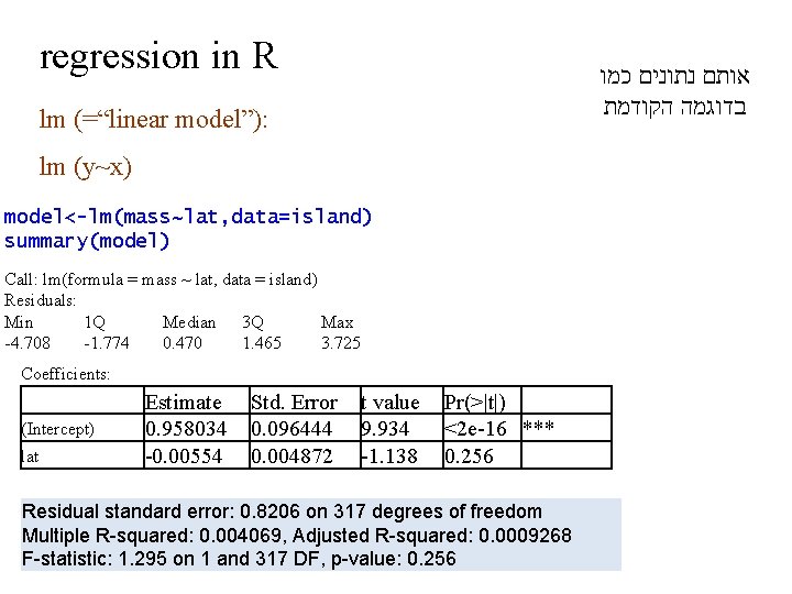 regression in R כמו נתונים אותם הקודמת בדוגמה lm (=“linear model”): lm (y~x) model<-lm(mass~lat,